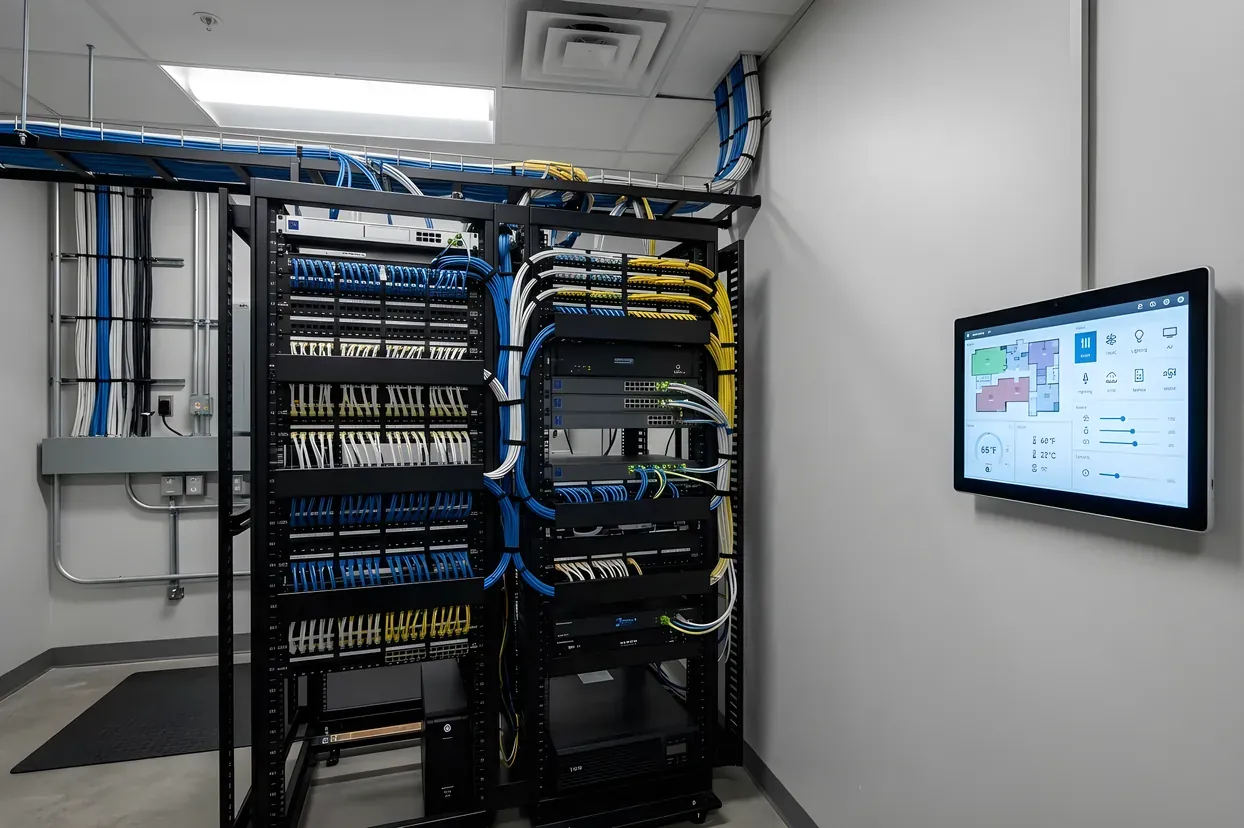 Network rack with structured cabling and a building-systems control screen